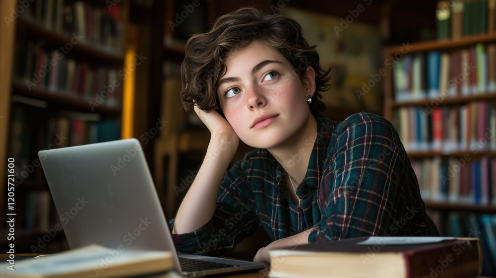 Studying girl with laptop library portrait cozy environment thoughtful Studying girl with laptop library portrait cozy environment thoughtful