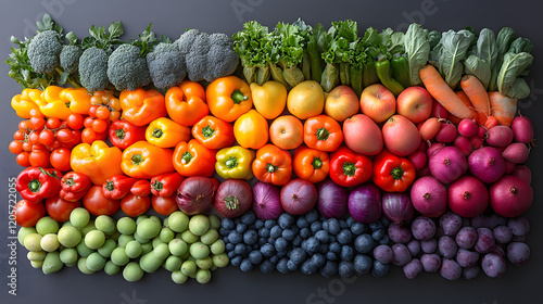 Fototapeta Naklejka Na Ścianę i Meble -  A colorful fruit and vegetable display arranged in a long line. The display is made up of a variety of fruits and vegetables, including apples, oranges, bananas, broccoli, and carrots
