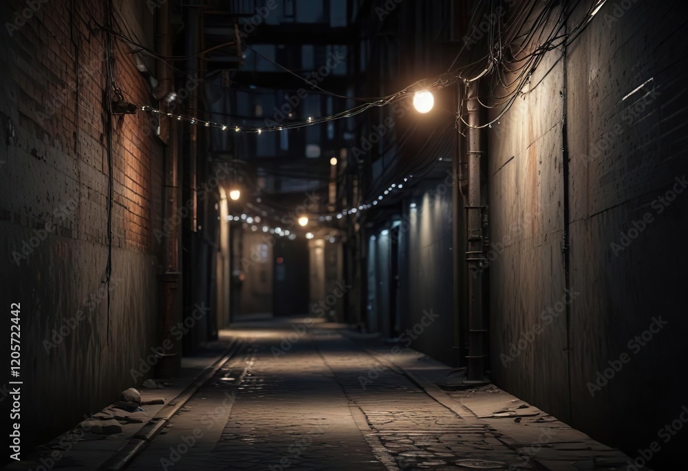 Obraz premium Abstract background featuring blurred lights and wires in a dark alley, urban, abstract, evening