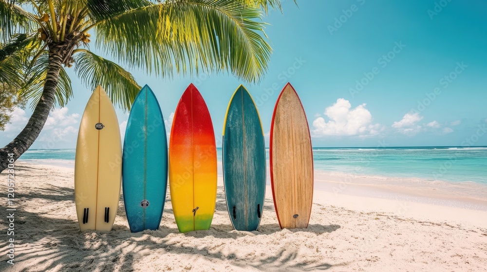 Surfing adventure with colorful boards on a tropical beach nature scene summer vibes coastal serenity Surfing adventure with colorful boards on a tropical beach nature scene summer vibes coastal serenity