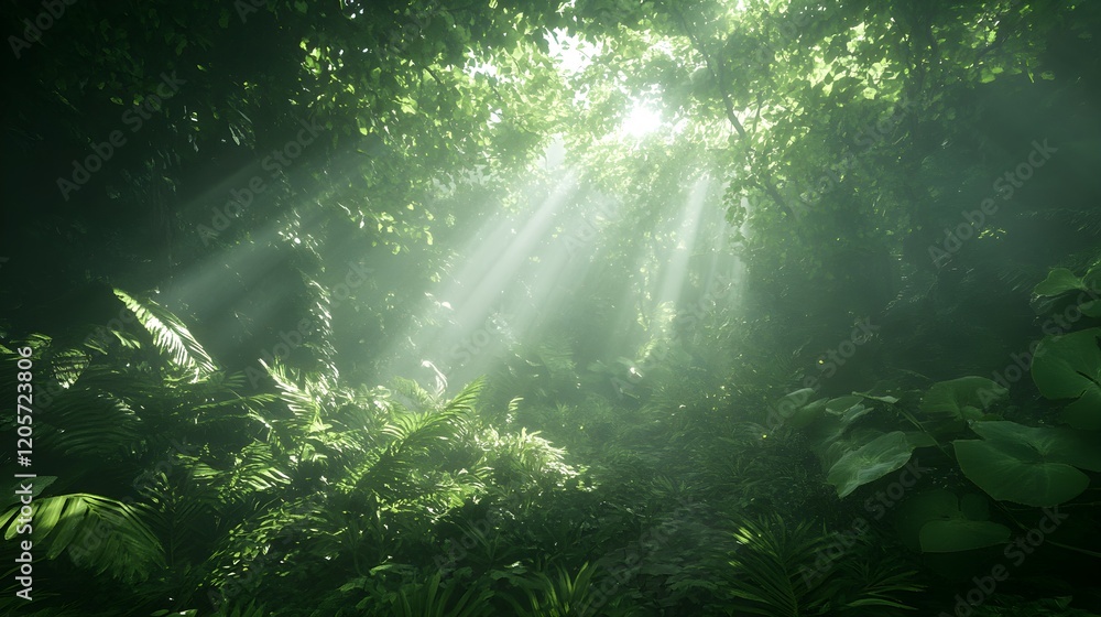 Sunlit Rainforest Canopy with Vibrant Green Vegetation – Generative AI Sunlit Rainforest Canopy with Vibrant Green Vegetation – Generative AI