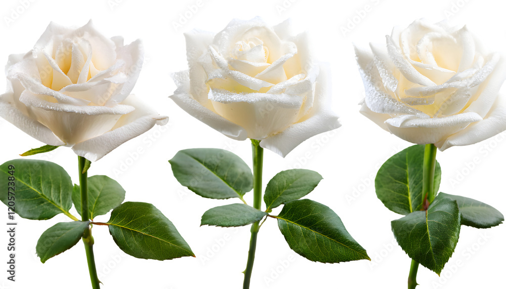 Obraz premium set of Close up of four fresh roses white with the stem with dewdrops on petals and leaves