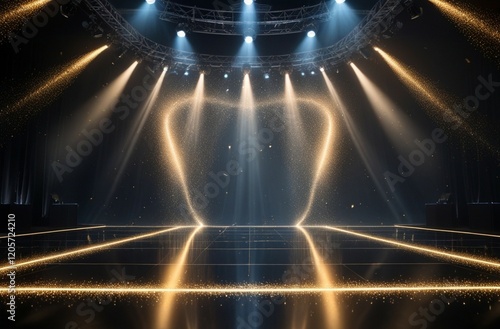 An illuminated stage features dramatic colorful lights with multiple spotlights ready for an event, creating an energetic atmosphere for performers