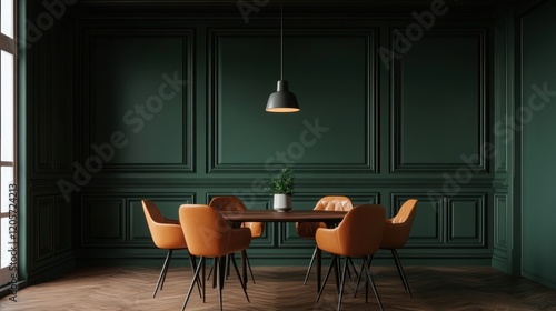 Dark green dining room, wooden floor, orange chairs, table, pendant light, interior design mockup