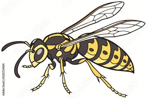  Detailed macro photograph, giant wasp, hornet species, transparent wings, black and yellow stripes, segmented body, large compound eyes, antennae, sharp mandibles, thin legs, white background, scie