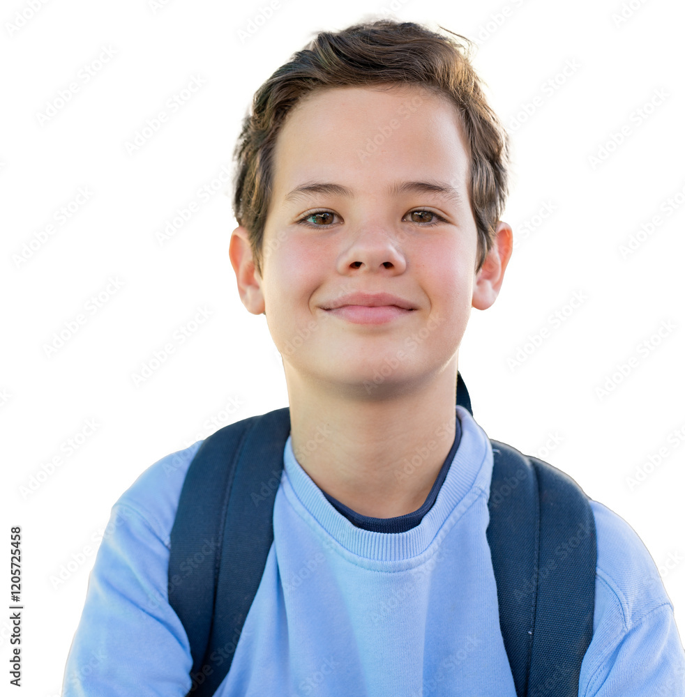 Close up portrait of cute boy with backpack isolated over transparent background. PNG transparent. Close up portrait of cute boy with backpack isolated over transparent background. PNG transparent.