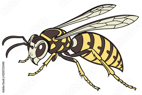  Detailed macro photograph, giant wasp, hornet species, transparent wings, black and yellow stripes, segmented body, large compound eyes, antennae, sharp mandibles, thin legs, white background, scie