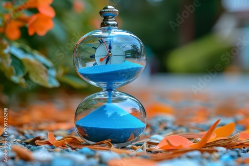 An outdoor photo featuring a sand clock elegantly positioned on the moon s surface under twilight photo