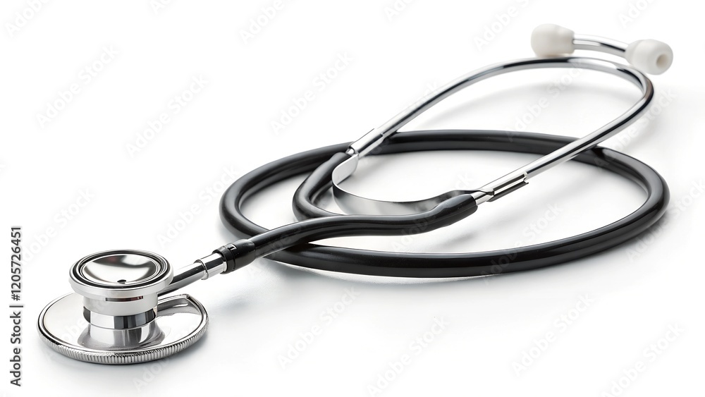 This is a clear, high-key studio shot of a stethoscope resting on a plain white background. This is a clear, high-key studio shot of a stethoscope resting on a plain white background.