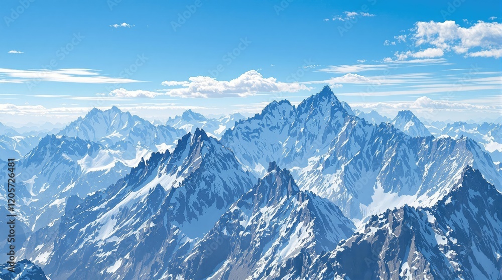 Fototapeta premium A majestic mountain range with snow-capped peaks against a clear blue sky, majesty., grandeur, beauty