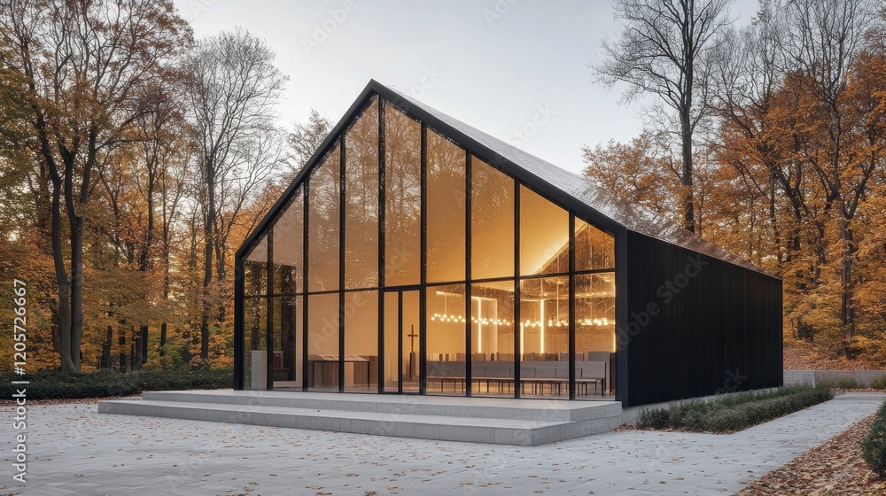 A modern chapel with minimalist design and floor-to-ceiling glass walls A modern chapel with minimalist design and floor-to-ceiling glass walls