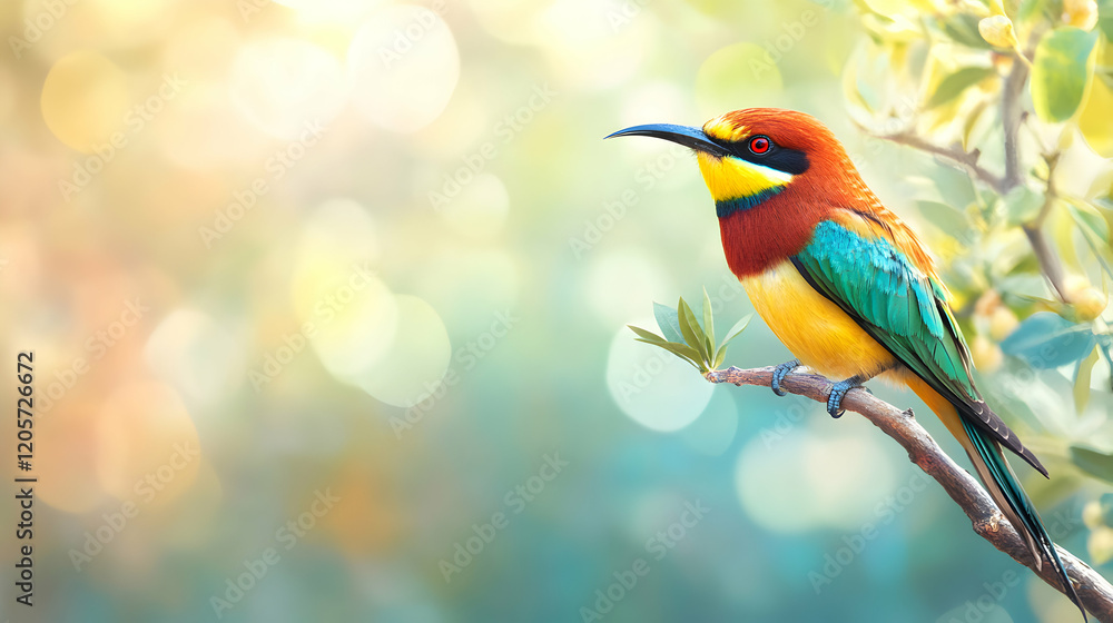 Obraz premium Vibrant Colorful Bird Perched on Branch in Soft Blurred Background