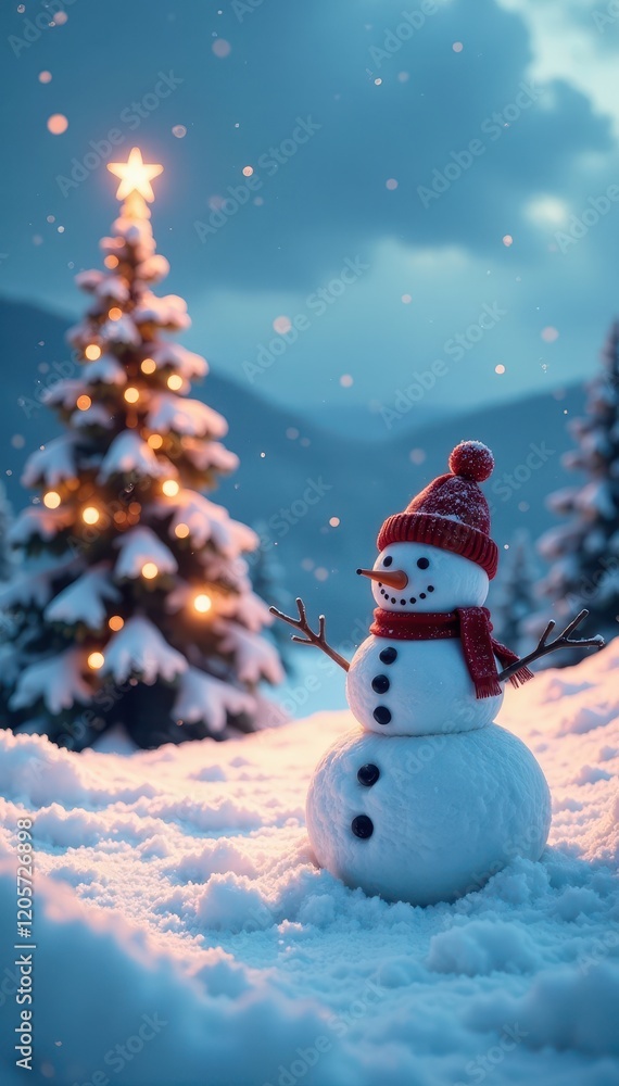 Fototapeta premium Snowy landscape with a large snowman and a Christmas tree in the background, serene background, peaceful scene