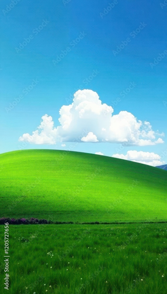Soft white clouds blanket the top of a blue hill covered with emerald grass, green, sky, nature Soft white clouds blanket the top of a blue hill covered with emerald grass, green, sky, nature