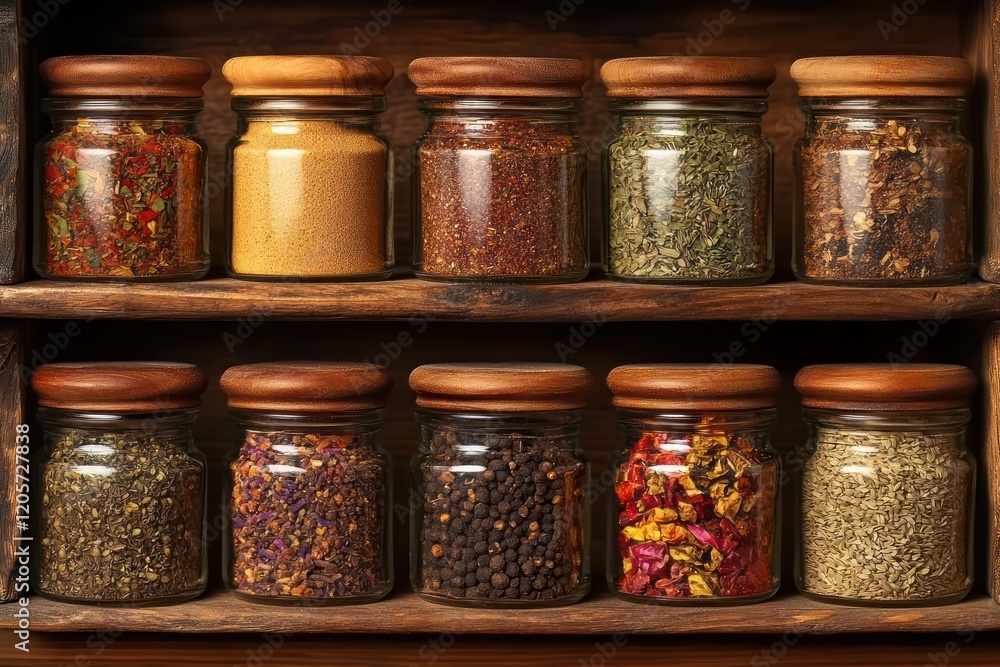 Spice and Herb Blend Jars - Small jars of custom spice and herb blends arranged on a wooden shelf. Spice and Herb Blend Jars - Small jars of custom spice and herb blends arranged on a wooden shelf.