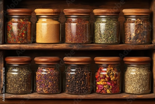 Spice and Herb Blend Jars - Small jars of custom spice and herb blends arranged on a wooden shelf.