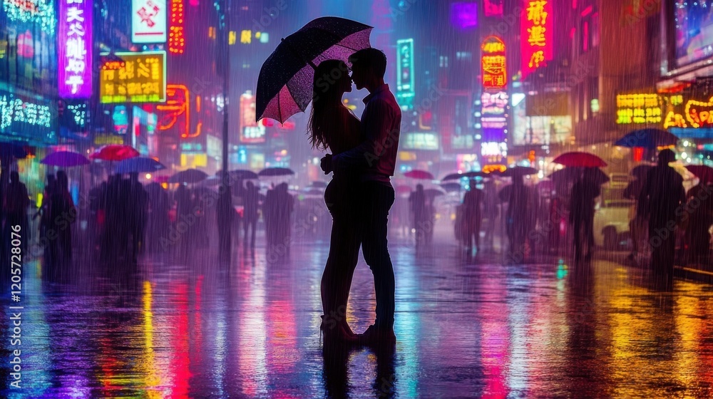 Fototapeta premium Two lovers embracing under neon signs in a futuristic cityscape, with rain-soaked streets reflecting vibrant colors, in a 16:9 aspect ratio