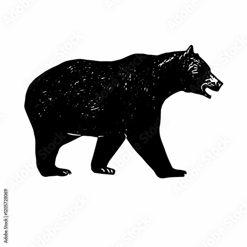 A black-and-white vector of a bear walking with its body slightly hunched, showcasing natural fur textures and movement.