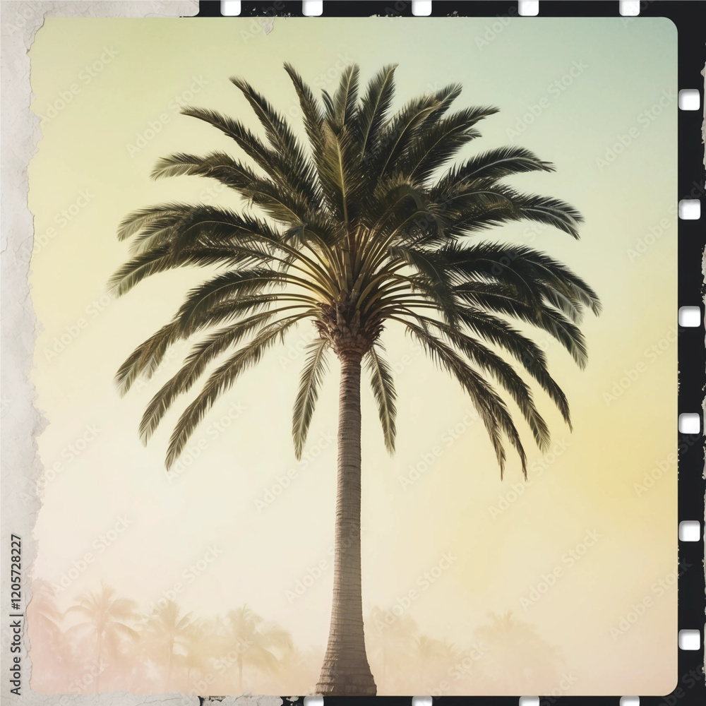 Fototapeta premium a highly detailed and dreamlike photographic image of a minimalist line-art design of a majestic palm tree, rendered with crisp black lines and subtle textures, set against a soft, gradient pastel yel