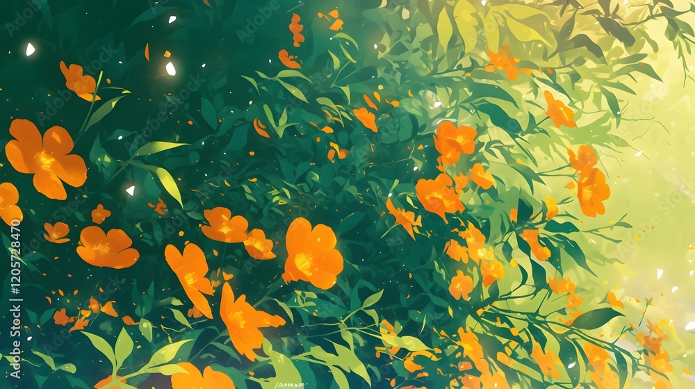 Vibrant orange blossoms amidst green foliage, captured in anime style, perfect for nature-themed wallpapers and artwork.