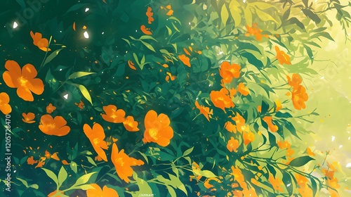 Obraz na płótnie Vibrant orange blossoms amidst green foliage, captured in anime style, perfect for nature-themed wallpapers and artwork. w salonie