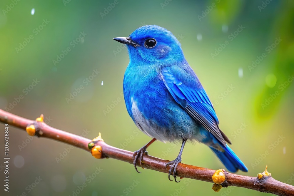 Fototapeta premium A periwinkle blue bird sitting on a branch with small droplets of dew dripping from its feathers, branches, bird