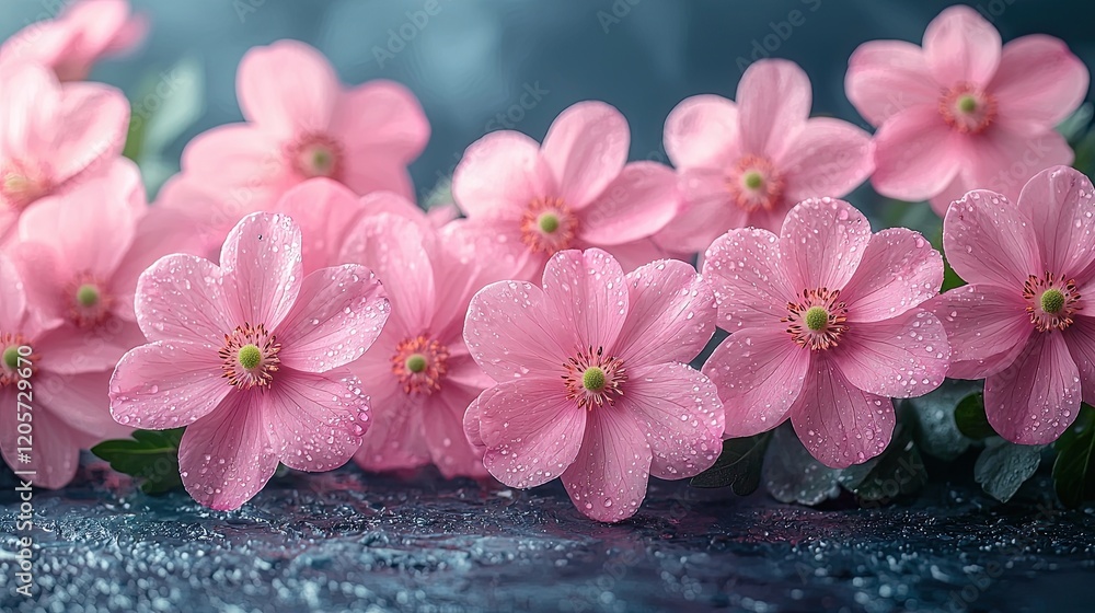 Fototapeta premium Delicate pink flowers with raindrops resting on a soft surface create a serene atmosphere in nature