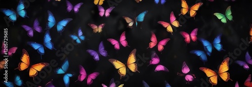 Elegant arrangement of colorful butterfly silhouettes on dark background, dark, elegant, artistic