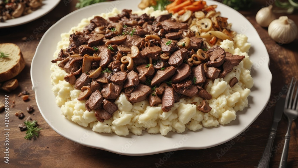 A plate of mashed potatoes topped with beef strips and saut?ed onions and mushrooms, comforting meal, dinner plates, beef stroganoff A plate of mashed potatoes topped with beef strips and saut?ed onions and mushrooms, comforting meal, dinner plates, beef stroganoff