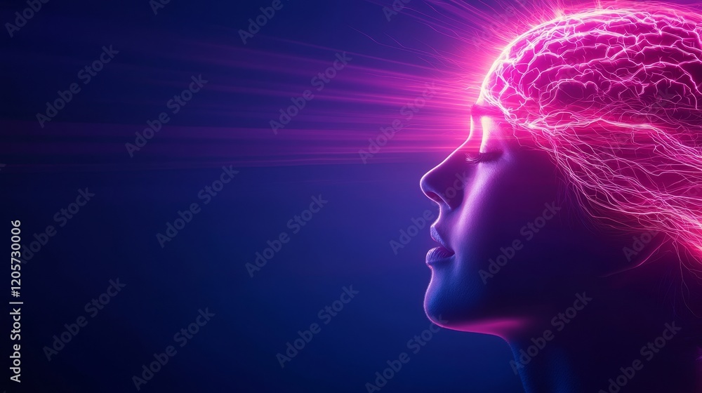 Obraz premium A glowing brain silhouette emits vibrant energy, symbolizing creativity, thought, and the power of the mind against a dark background.