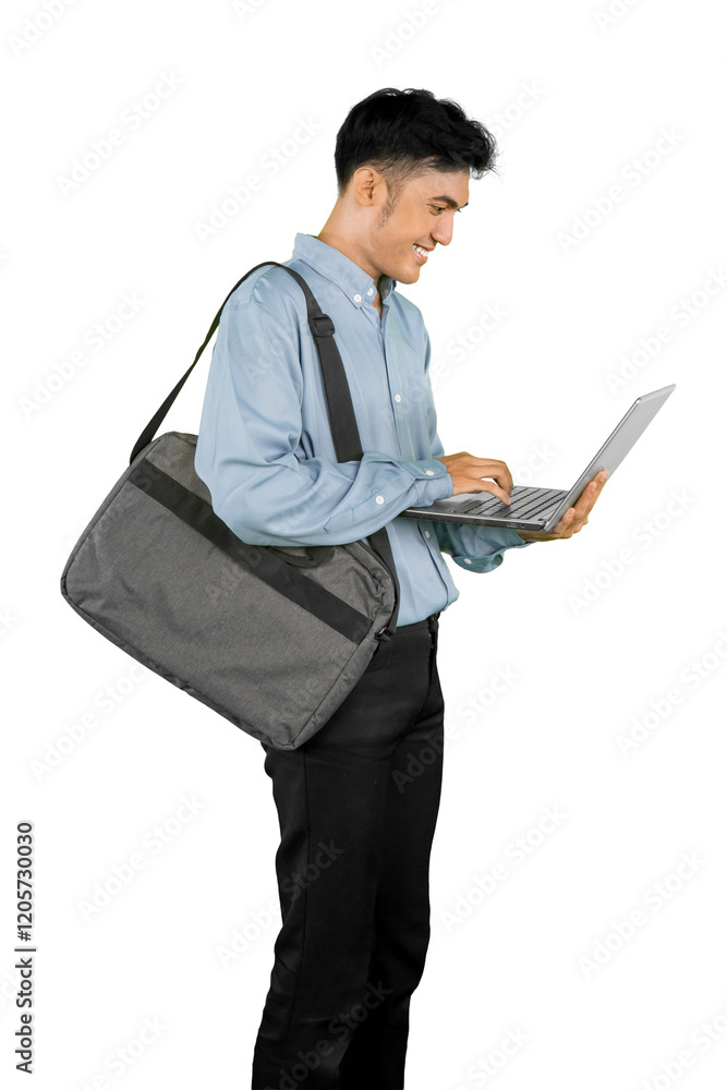 Businessman with Shoulder Bag Working on Laptop Businessman with Shoulder Bag Working on Laptop