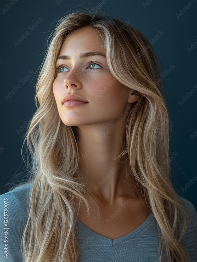 Naklejka premium femme blonde au visage harmonieux, portant un pull bleu . Ses cheveux ondulés et soyeux encadrent un regard calme et assuré, dans un décor sobre et épuré.
