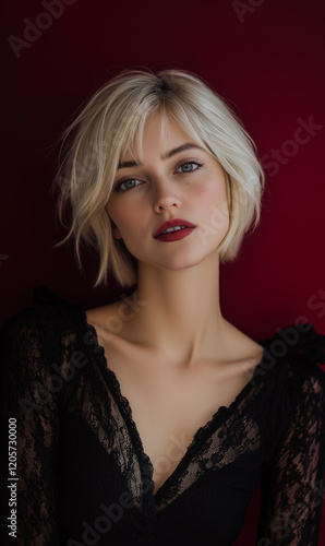 femme blonde au visage harmonieux, portant une robe decolletée . Ses cheveux courts et soyeux encadrent un regard calme et assuré, dans un décor rouge sombre et épuré.