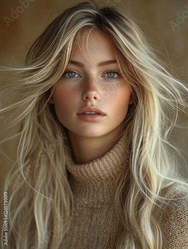 femme blonde au visage délicat, portant un pull en maille beige. Ses cheveux longs et légèrement ébouriffés encadrent un regard doux et captivant, avec un fond chaleureux et flou.