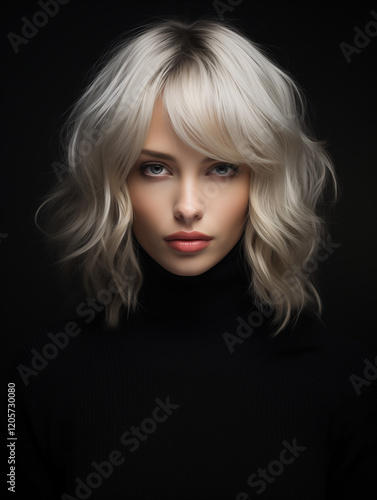 femme aux cheveux blancs au visage délicat, portant un pull noir. Ses cheveux mi-longs et légèrement ébouriffés encadrent un regard doux et captivant, avec un fond noir.