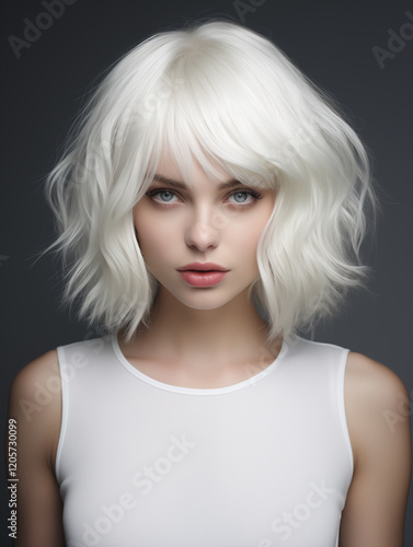 femme aux cheveux blancs au visage délicat, portant un tshirt blanc. Ses cheveux mi-longs et légèrement ébouriffés encadrent un regard doux et captivant, avec un fond gris foncé.