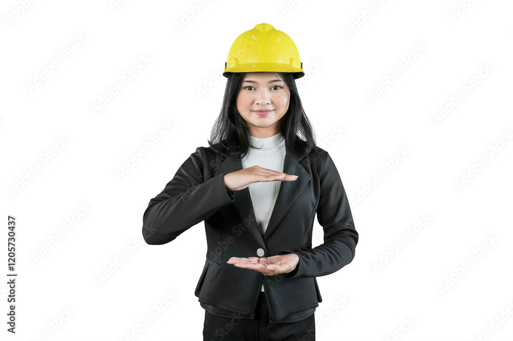 Confident Female Engineer in a Yellow Hard Hat with Hand Gestures Representing Protection Confident Female Engineer in a Yellow Hard Hat with Hand Gestures Representing Protection