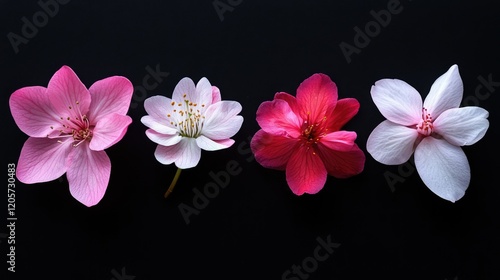 A flat lay featuring three types of flowers on a black background: on the left, deep red rose petals; in the center,
