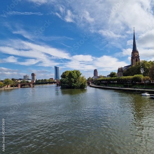 View onto the river Main and Frankfurt on a cloudy day 