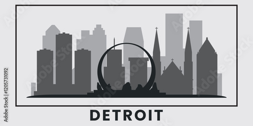 Black and white skyline of Detroit city. Vector on a gray background. b&w silhouettes of buildings