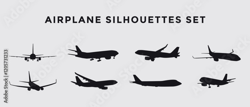 Set of black silhouettes of passenger airplane. Vector on a gray background
