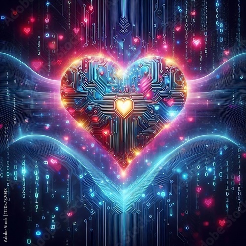 A heart-shaped circuit board glowing with vibrant colors, symbolizing the connection between AI and human emotion. photo