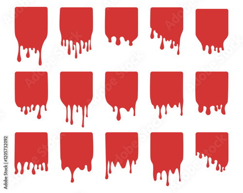 Set of blood drip square labels. Paint drip stickers. Red paint liquid. Red inkblot. Blood stains