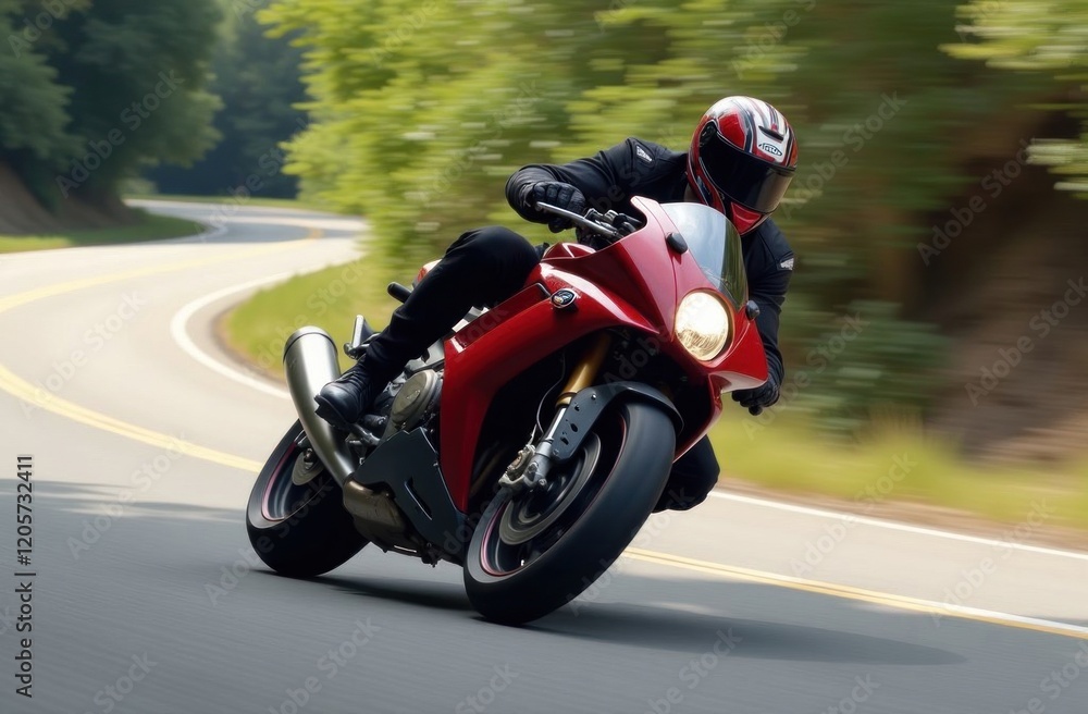 Motorcyclist leaning into curve on red sportbike on winding road Motorcyclist leaning into curve on red sportbike on winding road