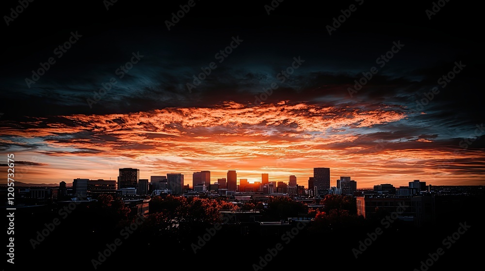 Fototapeta premium Sunset over city skyline urban landscape view