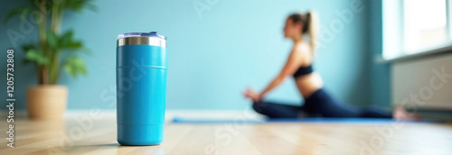 Blue stanley thermos on floor with woman doing yoga in background