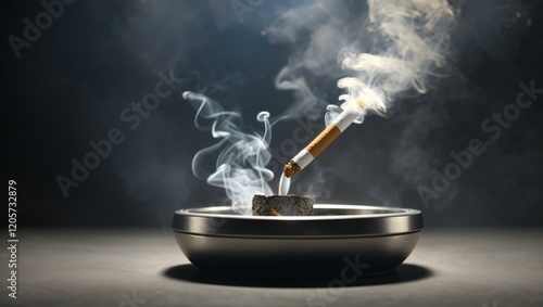 A cigarette rests in an ashtray, smoke billowing around it. The image is a photo-like illustration, featuring neutral colors and a smoky atmosphere.

 photo