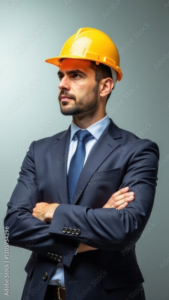 Confident architect wearing suit and hardhat crossing arms Confident architect wearing suit and hardhat crossing arms