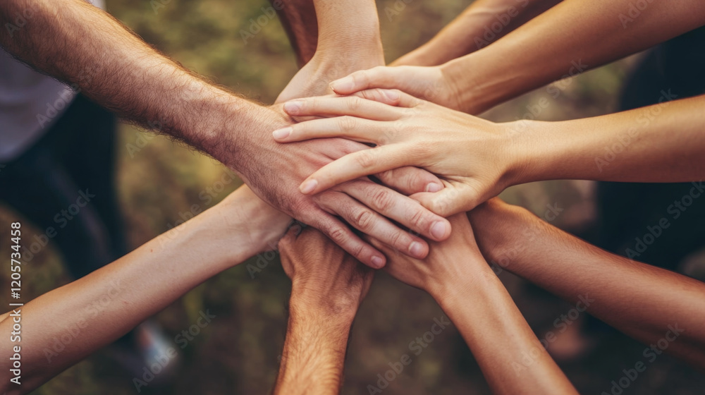 Teamwork and Unity: Hands Stacked Together Teamwork and Unity: Hands Stacked Together