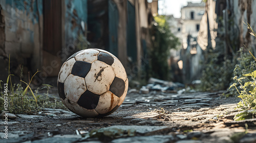 An old, worn-out football lying in a dusty alleyway, surrounded by urban decay, during a nostalgic afternoon